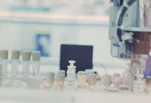 A row of vials in a medical lab